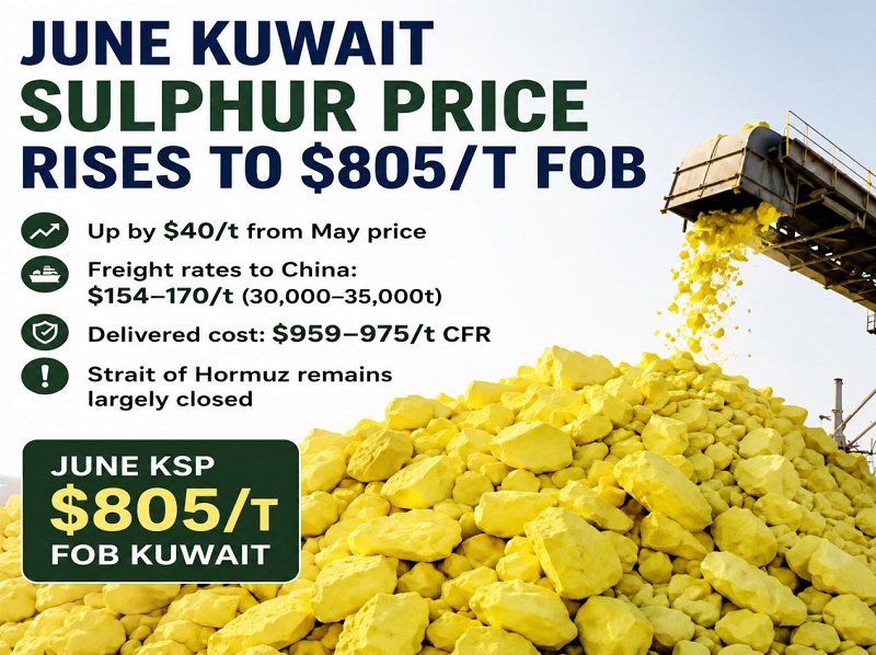 Кувейтская компания KPC повысила цену предложения на июньскую серу FOB до $805 за тонну